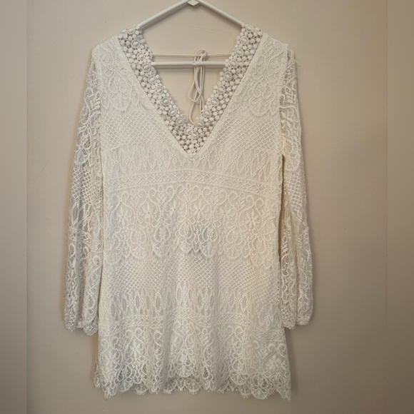 Mustard Seed White Lace Boho Mini Dress Long Sleeve V-Neck Size Medium NWT - Picture 2 of 6